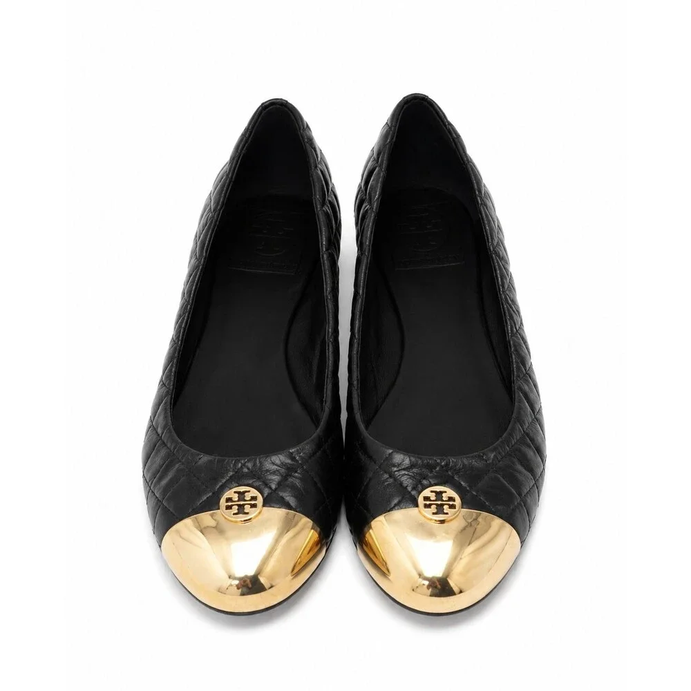 Tory Burch Kaitlin Quilted Leather Ballet Flats Size 9 Black Gold Cap Toe Shoes